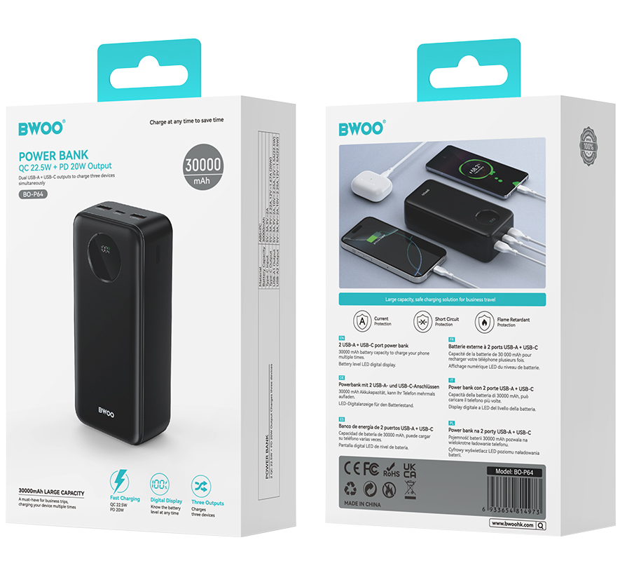Externí baterie BWOO BO-P64, 30000mAh, 22.5W, QC + PD, 1 x USB-C - 2 x USB-A, Černá