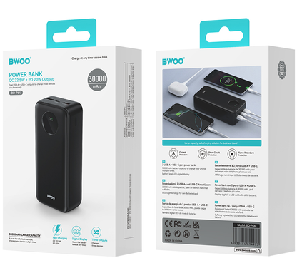 Externí baterie BWOO BO-P64, 30000mAh, 22.5W, QC + PD, 1 x USB-C - 2 x USB-A, Černá