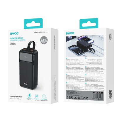 Externí baterie BWOO BO-P66, 30000mAh, 65W, QC + PD, 1 x USB-C - 2 x USB-A, Černá