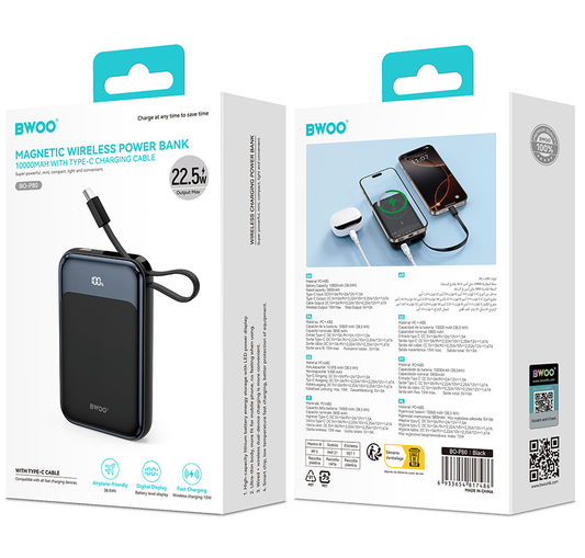 Bezdrátová externí baterie BWOO BO-P80, 10000mAh, 22,5W, PD + FQI, 1 x QI - 2 x USB-C, černá