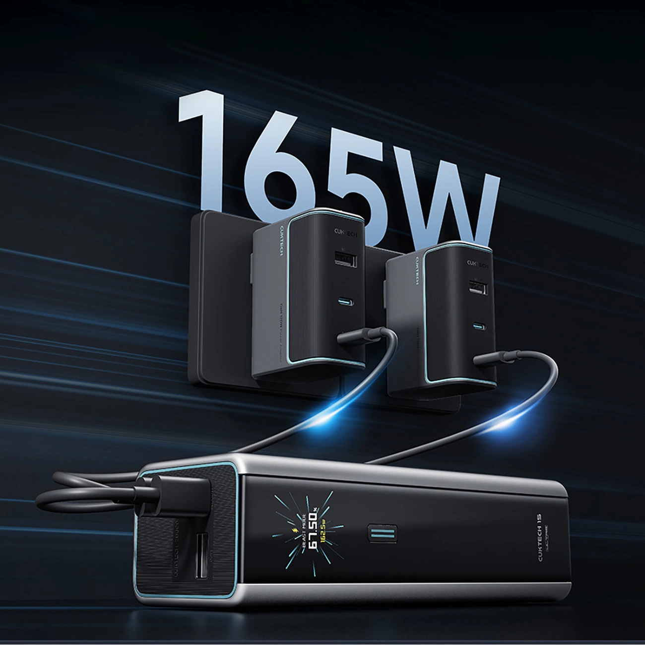 Externí baterie Cuktech, 20000mAh, 210W, QC + PD, 1 x USB-A - 2 x USB-C, Šedá CKPB200UGLGR