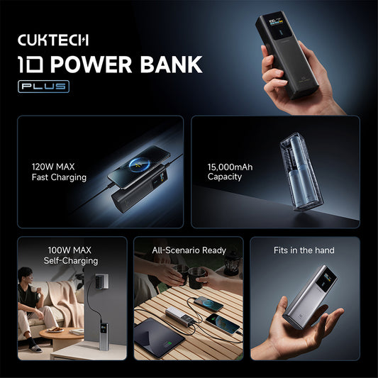 Externí baterie Cuktech PB150P, 15000mAh, 120W, QC + PD, 1 x USB-A - 2 x USB-C, Šedá CKPB150POSGR