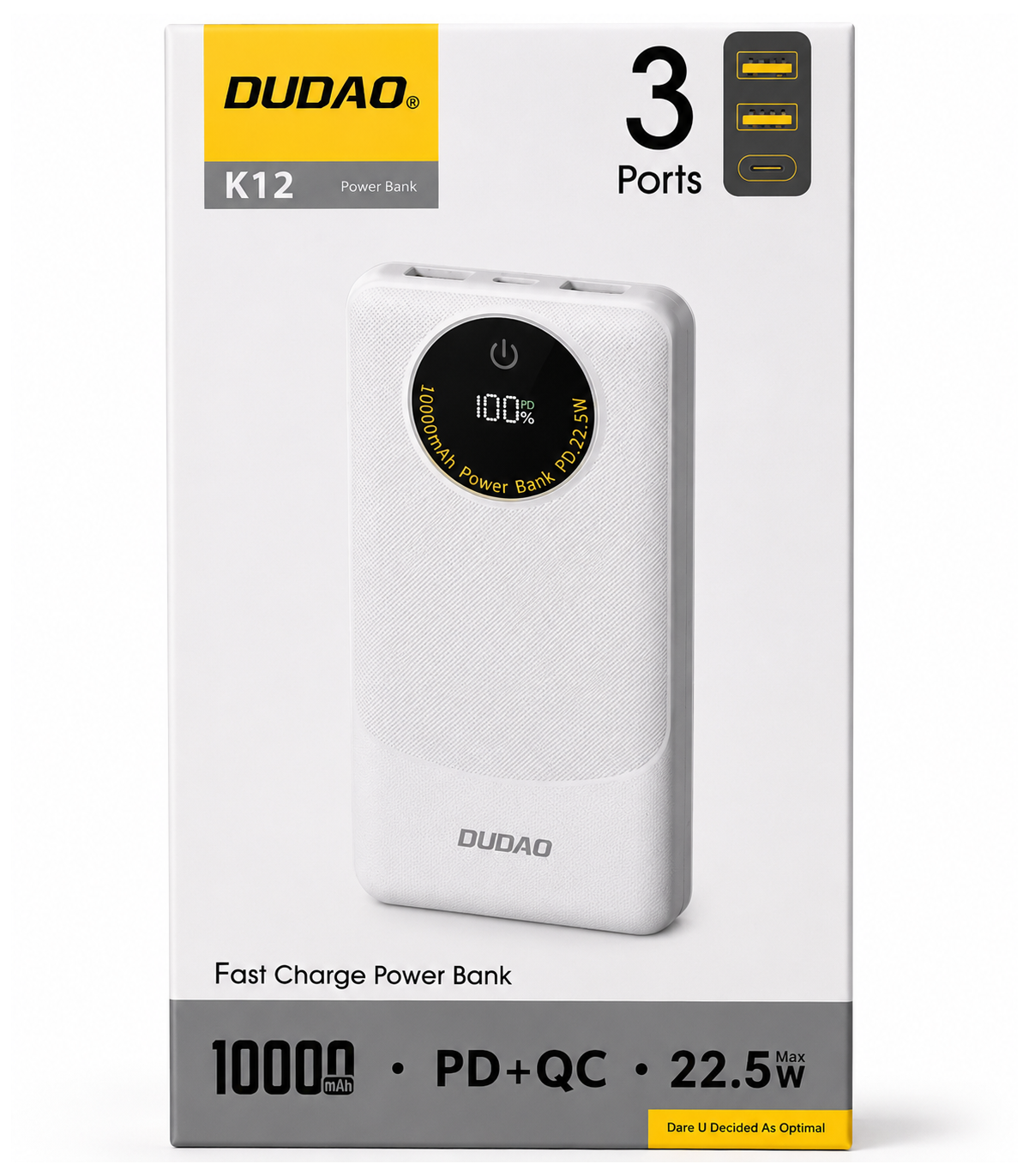Externí baterie Dudao K12, 10000mAh, 22.5W, QC + PD, 1 x USB-C - 2 x USB-A, Bílá