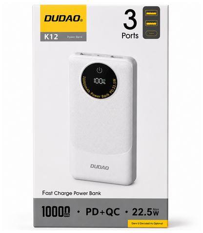 Externí baterie Dudao K12, 10000mAh, 22.5W, QC + PD, 1 x USB-C - 2 x USB-A, Bílá