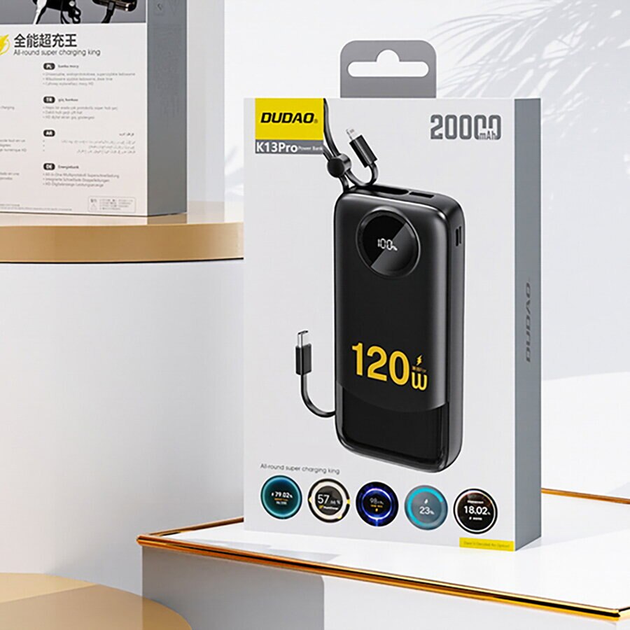 Externí baterie Dudao K13, 10000mAh, 22.5W, QC + PD, 1 x Lightning - 1 x USB-A - 2 x USB-C, Černá