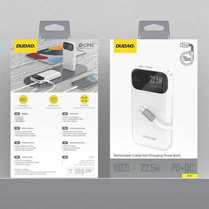 Externí baterie Dudao K31, 10000mAh, 22.5W, PD, 2 x USB-C, Bílá