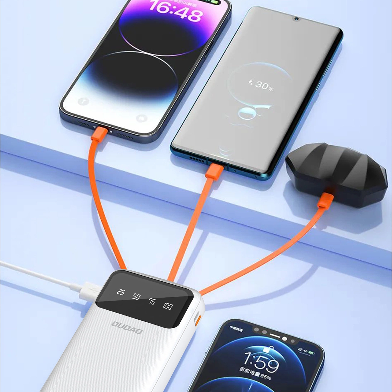 Externí baterie Dudao K6Pro+, 20000mAh, 10W, 1 x Lightning - 1 x microUSB - 1 x USB-A - 1 x USB-C, Bílá