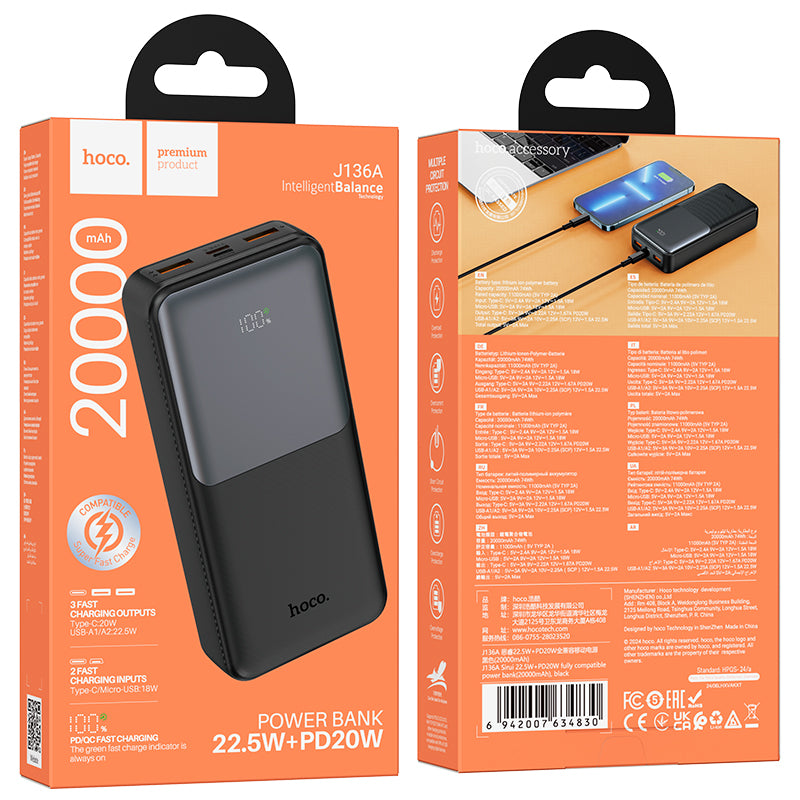 Externí baterie HOCO J136A, 20000mAh, 22.5W, QC + PD, 1 x USB-C - 2 x USB-A, Černá