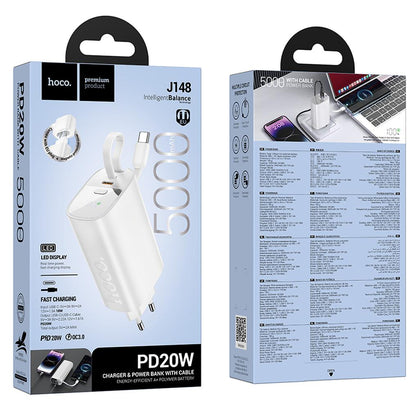 Powerbanka HOCO J148 2v1, 5000 mAh, 20 W, PD, 2× USB-C, bílá