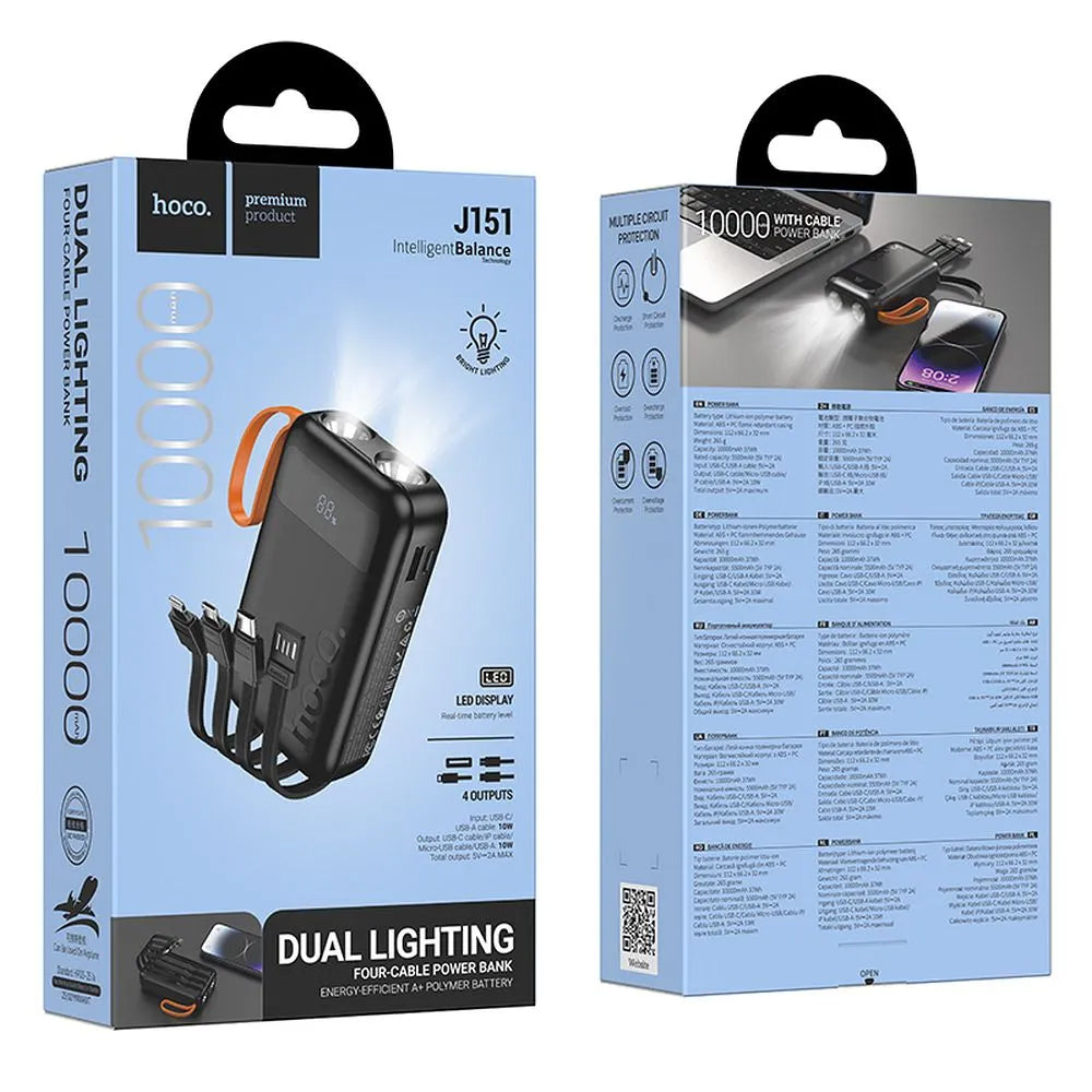 Externí baterie HOCO J151, 10000mAh, 10W, 1 x Lightning - 1 x microUSB - 1 x USB-A - 1 x USB-C, Černá