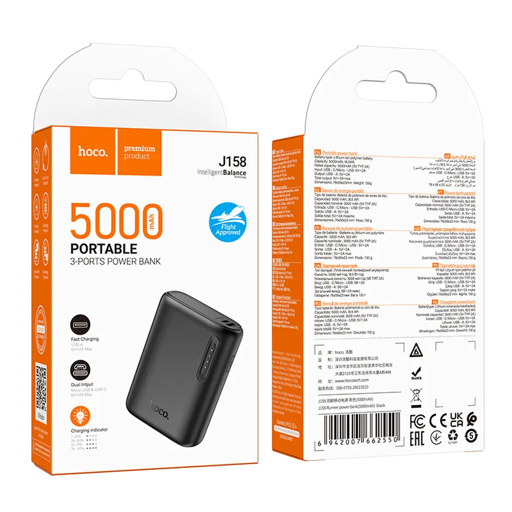 Externí baterie HOCO J158, 5000mAh, 10W, 1 x USB-A, černá