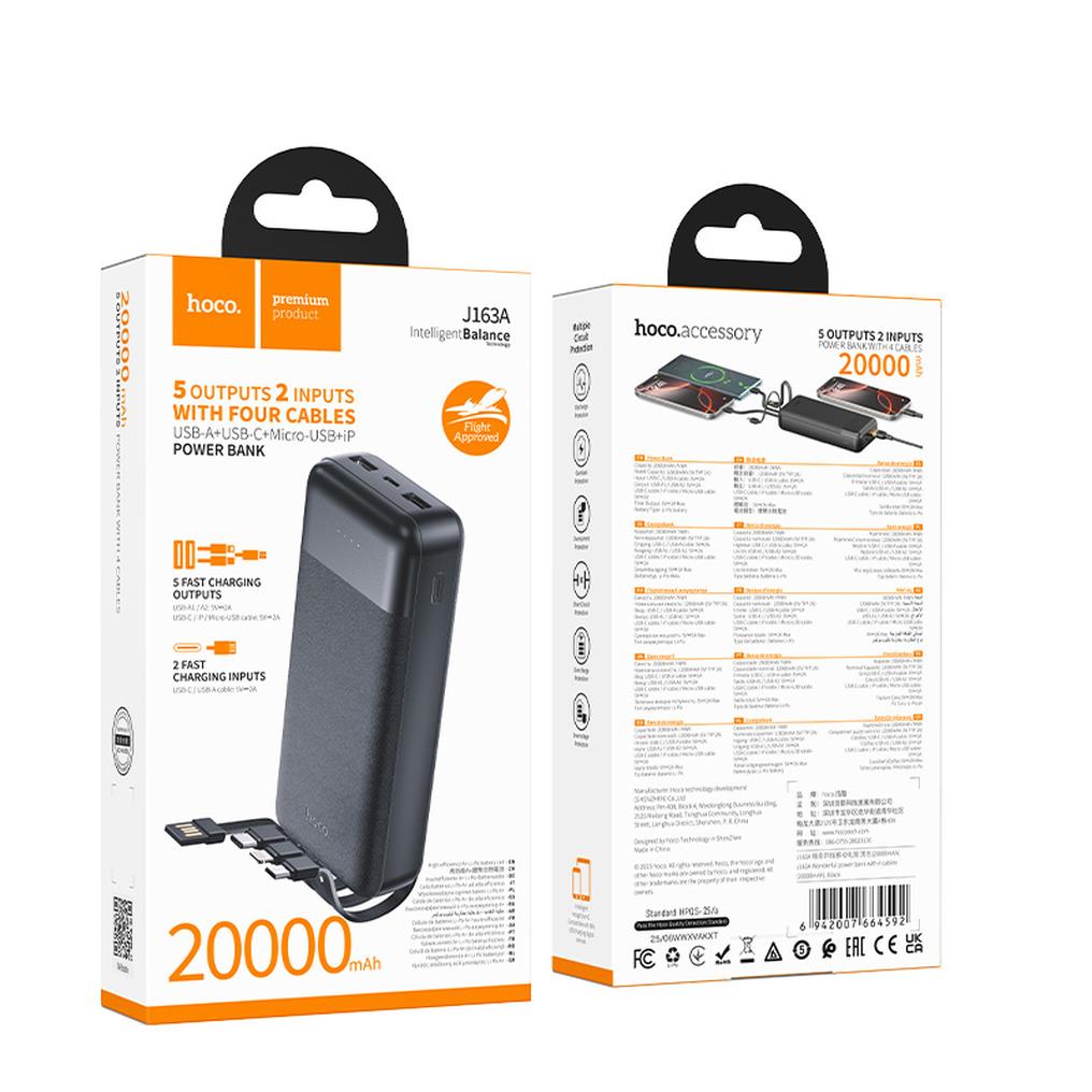 Powerbanka HOCO J163A, 20 000 mAh, 10 W, 1× Lightning – 1× microUSB – 1× USB-C – 2× USB-A, černá