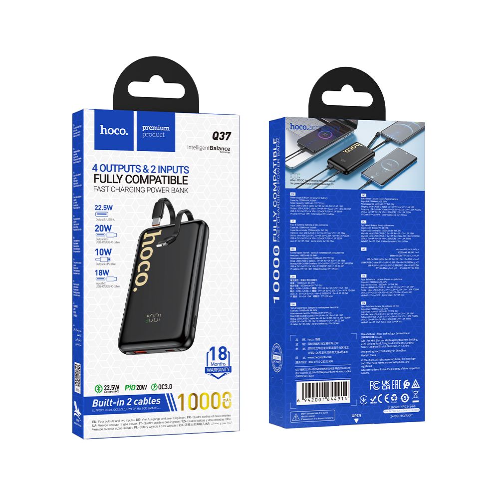 Externí baterie HOCO Q37, 10000mAh, 22,5W, QC + PD, 1 x Lightning - 1 x USB-A - 2 x USB-C, Černá