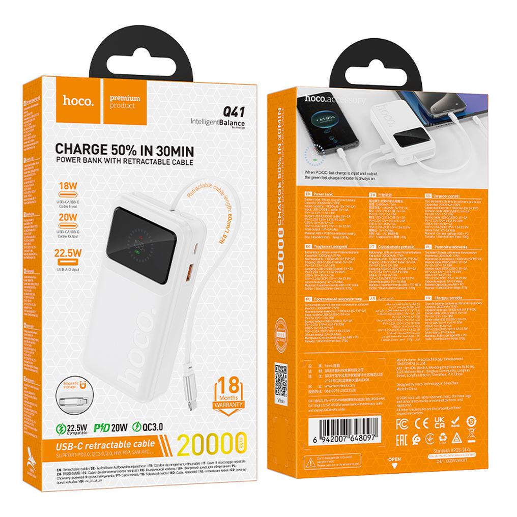 Powerbanka HOCO Q41, 20000 mAh, 22,5 W, QC + PD, 1× USB-A – 2× USB-C, bílá