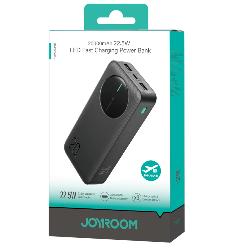 Externí baterie Joyroom JR-PBF14 Pro, 20000mAh, 22.5W, QC + PD, 1 x USB-C - 2 x USB-A, Černá