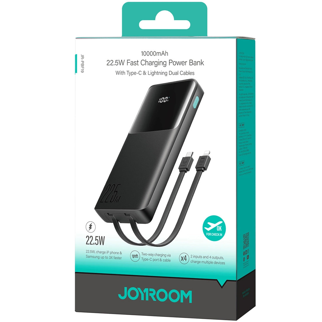 Externí baterie Joyroom JR-PBF19, 10000mAh, 22.5W, QC + PD, 1 x Lightning - 1 x USB-A - 2 x USB-C, Černá