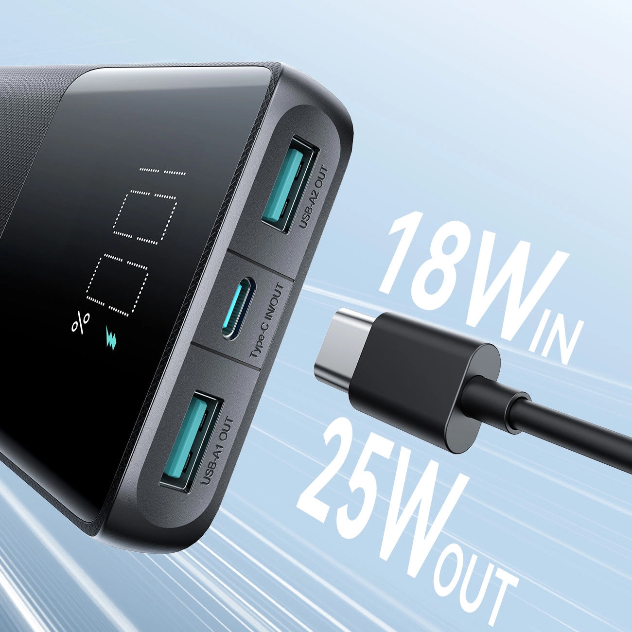 Externí baterie Joyroom JR-PBF20, 10000mAh, 25W, QC + PD, 1 x USB-C - 2 x USB-A, Černá