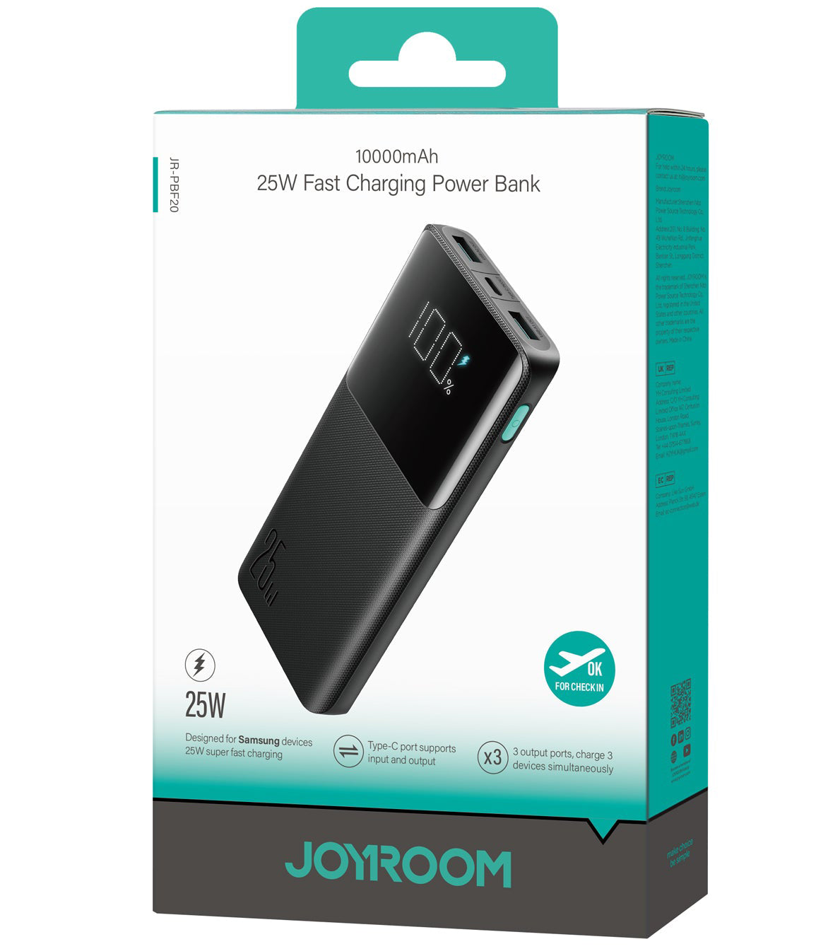 Externí baterie Joyroom JR-PBF20, 10000mAh, 25W, QC + PD, 1 x USB-C - 2 x USB-A, Černá