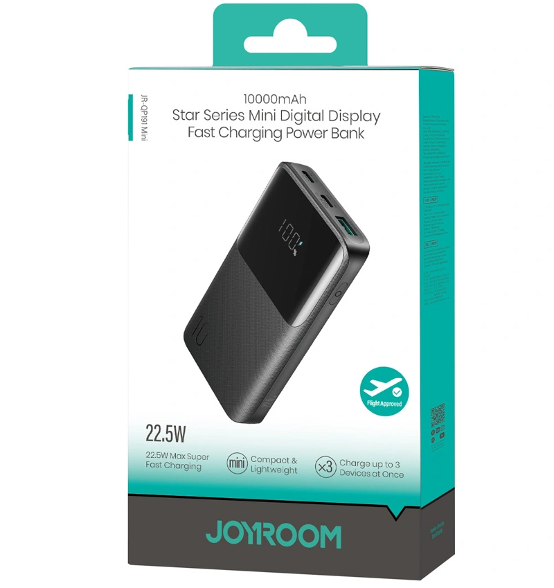 Externí baterie Joyroom JR-QP191, 10000mAh, 22.5W, QC + PD, 1 x USB-A - 2 x USB-C, Černá