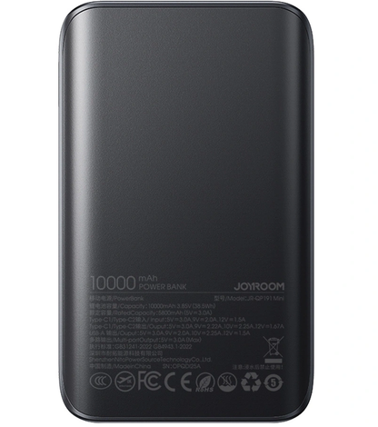 Externí baterie Joyroom JR-QP191, 10000mAh, 22.5W, QC + PD, 1 x USB-A - 2 x USB-C, Černá