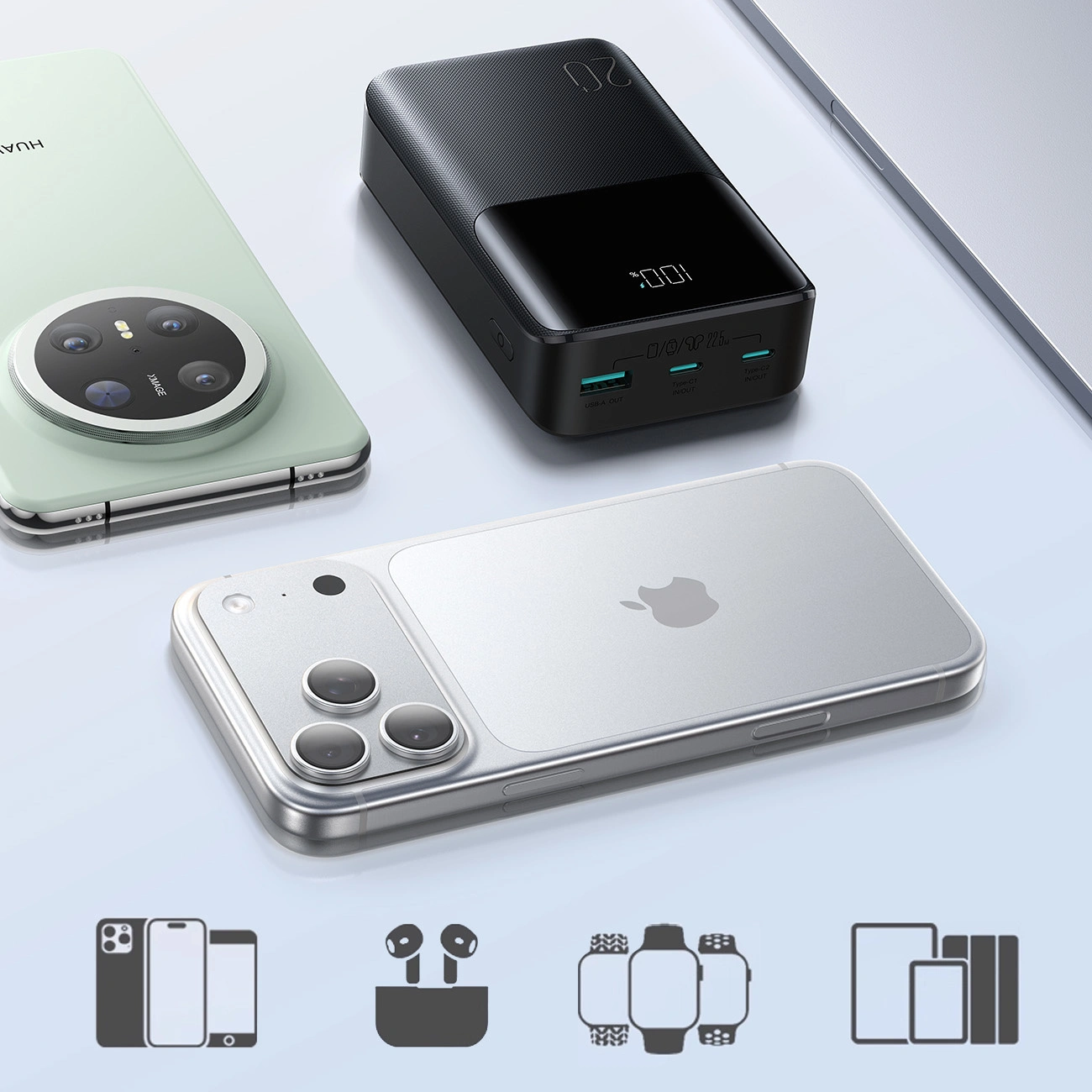 Externí baterie Joyroom JR-QP192, 20000mAh, 22.5W, QC + PD, 1 x USB-A - 2 x USB-C, Černá