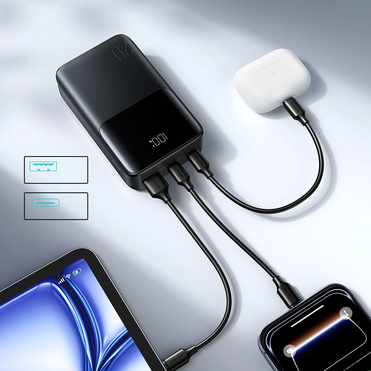 Externí baterie Joyroom JR-QP192, 20000mAh, 22.5W, QC + PD, 1 x USB-A - 2 x USB-C, Černá