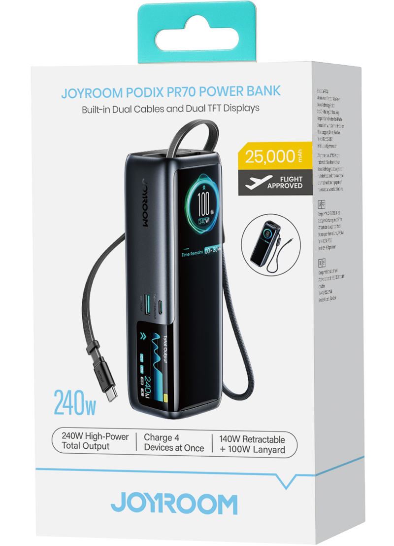 Powerbanka Joyroom PODIX PR70, 25000 mAh, 240 W, QC + PD, 1× USB-A – 3× USB-C, černá
