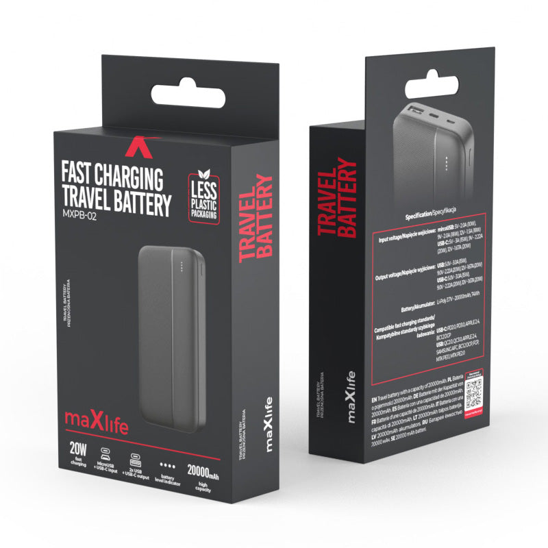 Externí baterie MaXlife MXPB-02, 20000mAh, 20W, QC + PD, 1 x USB-A - 1 x USB-C, Černá