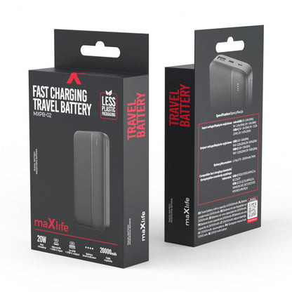 Externí baterie MaXlife MXPB-02, 20000mAh, 20W, QC + PD, 1 x USB-A - 1 x USB-C, Černá