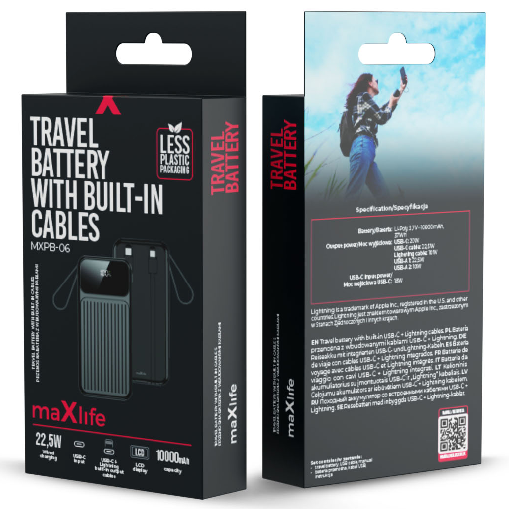 Externí baterie MaXlife MXPB-06, 10000mAh, 22.5W, QC + PD, 1 x Lightning - 2 x USB-A - 2 x USB-C, Černá