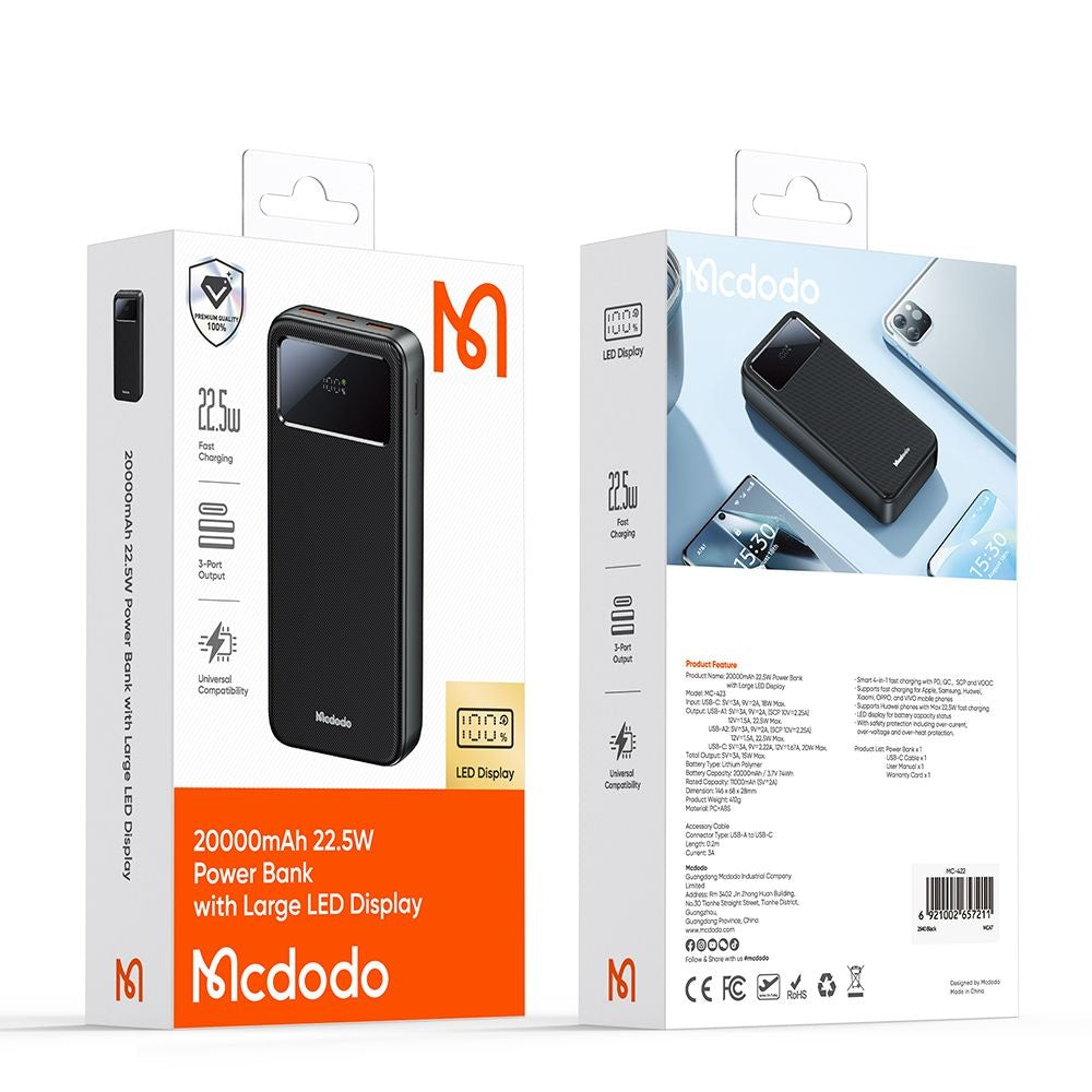 Externí baterie McDodo MC-4230, 20000mAh, 22.5W, QC + PD, 2 x USB-A - 1 x USB-C, Černá
