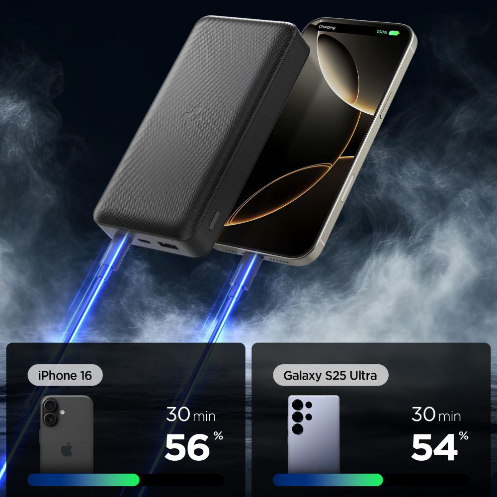 Externí baterie Spigen, 30000mAh, 30W, QC + PD, 1 x USB-A - 2 x USB-C, Černá