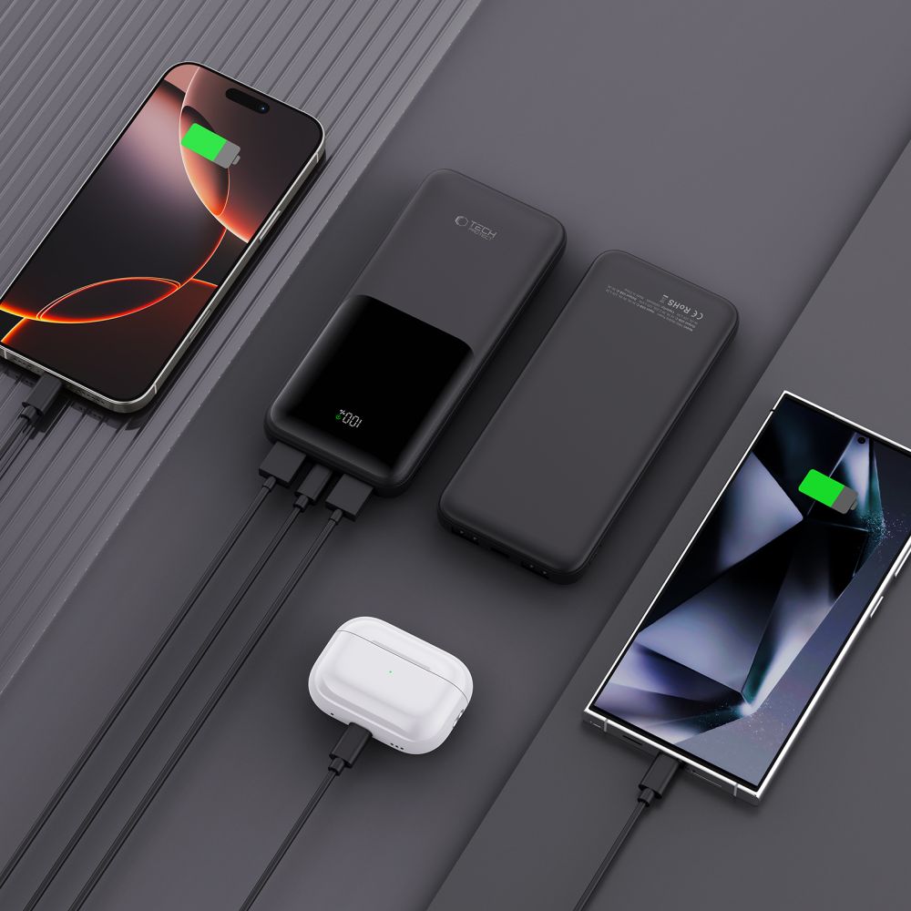 Tech-Protect PB01 External Battery, 10000mAh, 22.5W, QC + PD, 1 x USB-C - 2 x USB-A, Black