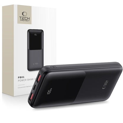 Tech-Protect PB01 External Battery, 10000mAh, 22.5W, QC + PD, 1 x USB-C - 2 x USB-A, Black