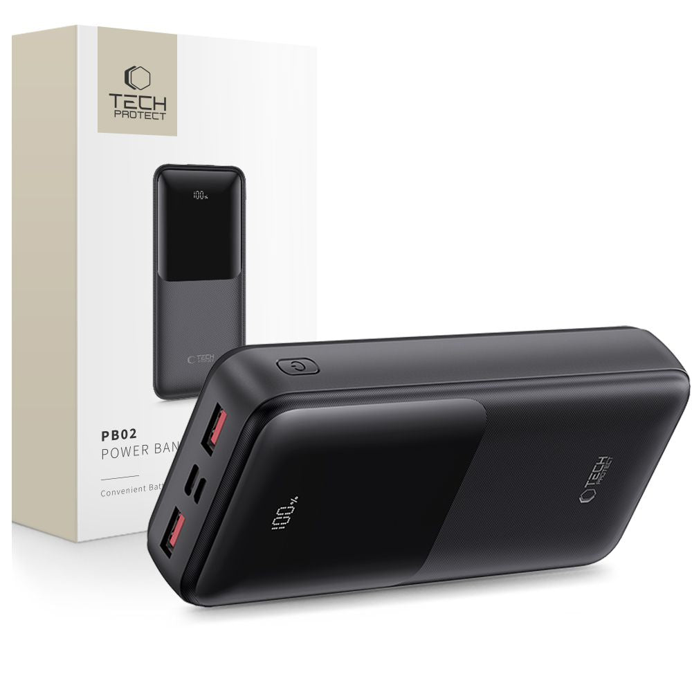 Externí baterie Tech-Protect PB02, 20000mAh, 22.5W, QC + PD, 1 x USB-C - 2 x USB-A, Černá