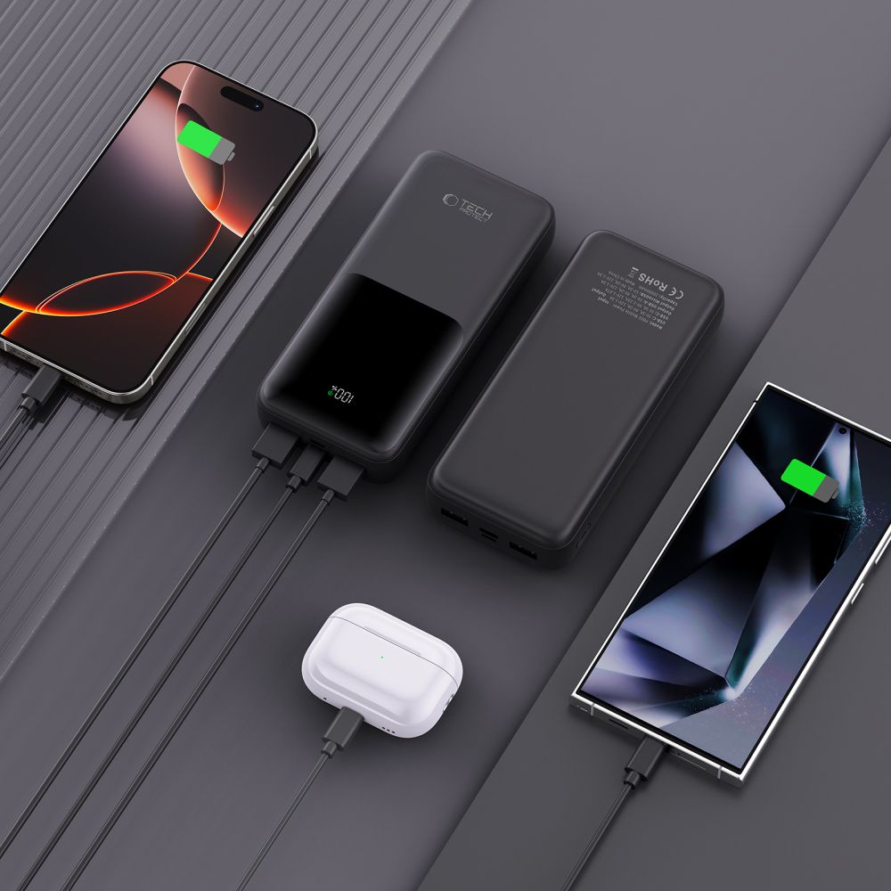 Externí baterie Tech-Protect PB02, 20000mAh, 22.5W, QC + PD, 1 x USB-C - 2 x USB-A, Černá