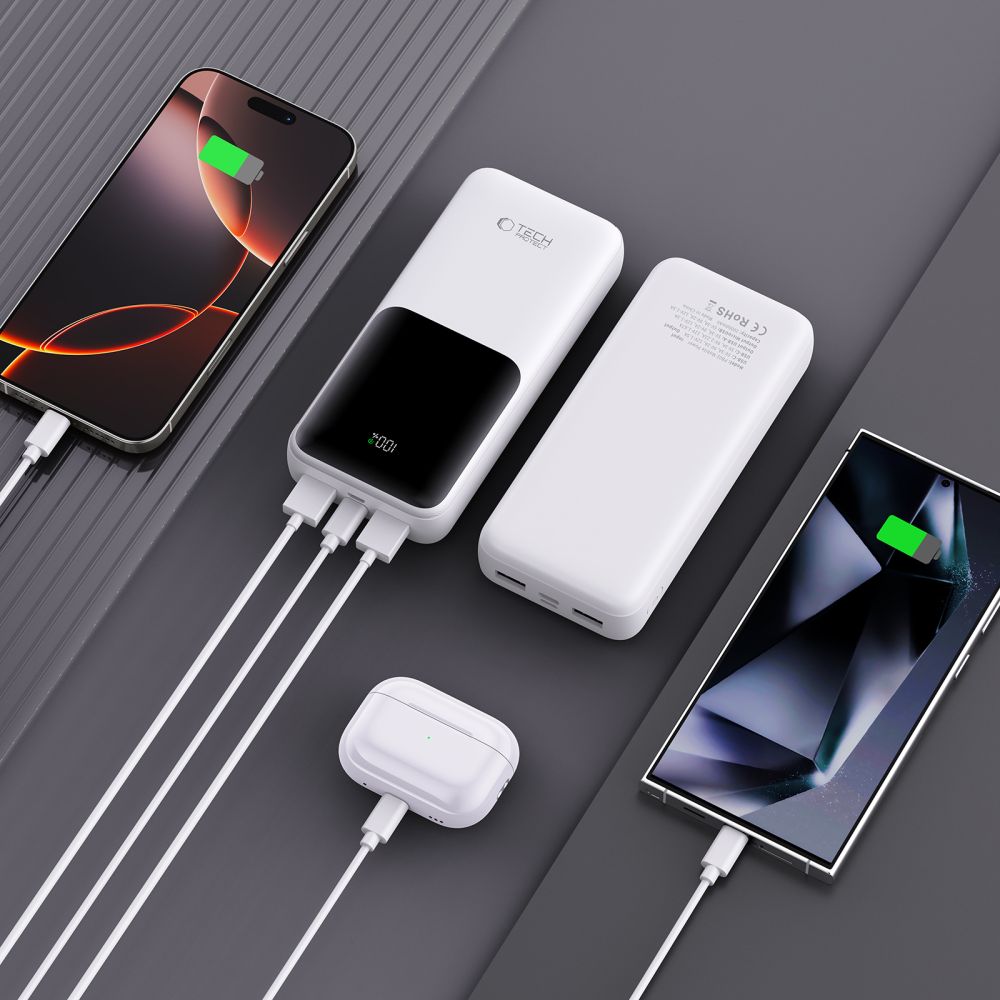 Externí baterie Tech-Protect PB02, 20000mAh, 22.5W, QC + PD, 1 x USB-C - 2 x USB-A, Bílá