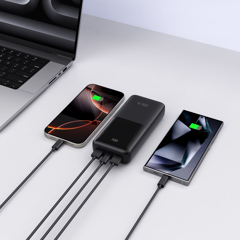 Externí baterie Tech-Protect PB02, 20000mAh, 22.5W, QC + PD, 1 x USB-C - 2 x USB-A, Černá