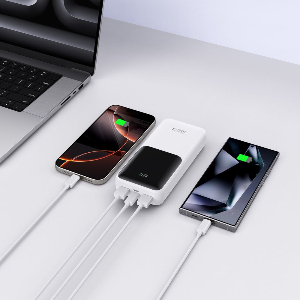 Externí baterie Tech-Protect PB02, 20000mAh, 22.5W, QC + PD, 1 x USB-C - 2 x USB-A, Bílá