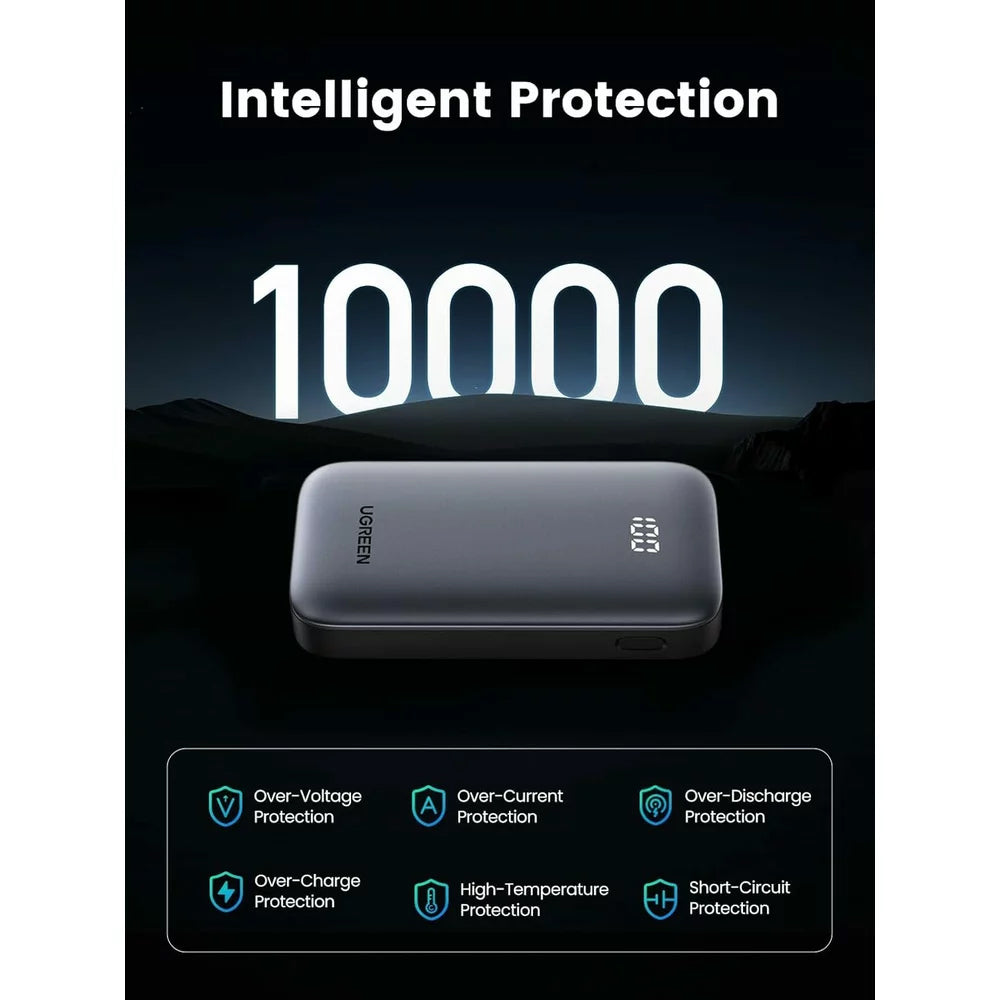 Externí baterie UGREEN PB502, 10000mAh, 30W, QC + PD, 1 x USB-A - 1 x USB-C, šedá