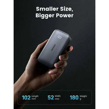 Externí baterie UGREEN PB502, 10000mAh, 30W, QC + PD, 1 x USB-A - 1 x USB-C, šedá