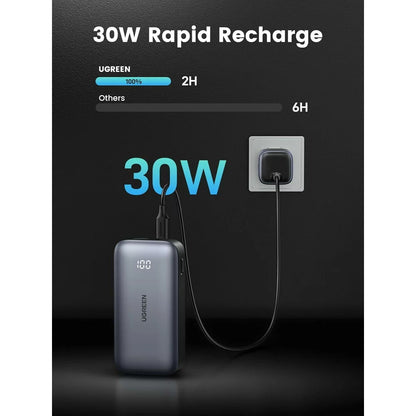 Externí baterie UGREEN PB502, 10000mAh, 30W, QC + PD, 1 x USB-A - 1 x USB-C, šedá