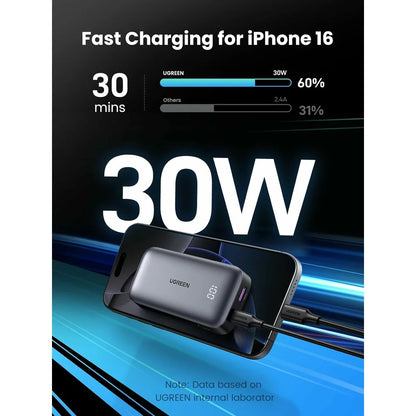 Externí baterie UGREEN PB502, 10000mAh, 30W, QC + PD, 1 x USB-A - 1 x USB-C, šedá