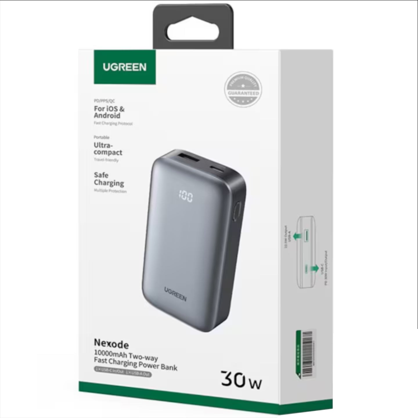 Externí baterie UGREEN PB502, 10000mAh, 30W, QC + PD, 1 x USB-A - 1 x USB-C, šedá