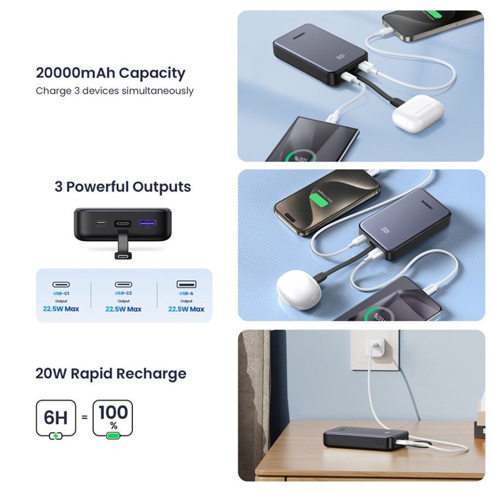 Externí baterie UGREEN PB505, 20000mAh, 22.5W, QC + PD, 1 x USB-A - 2 x USB-C, šedá