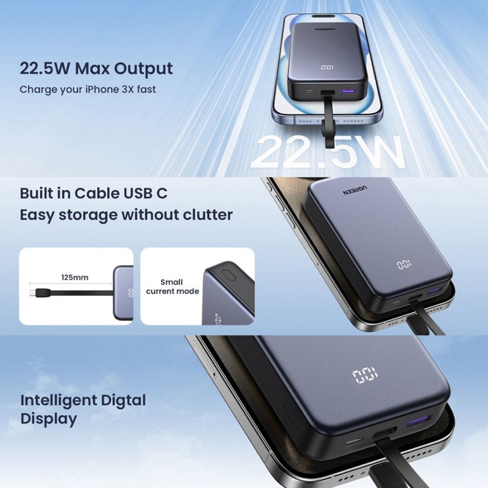 Externí baterie UGREEN PB505, 20000mAh, 22.5W, QC + PD, 1 x USB-A - 2 x USB-C, šedá