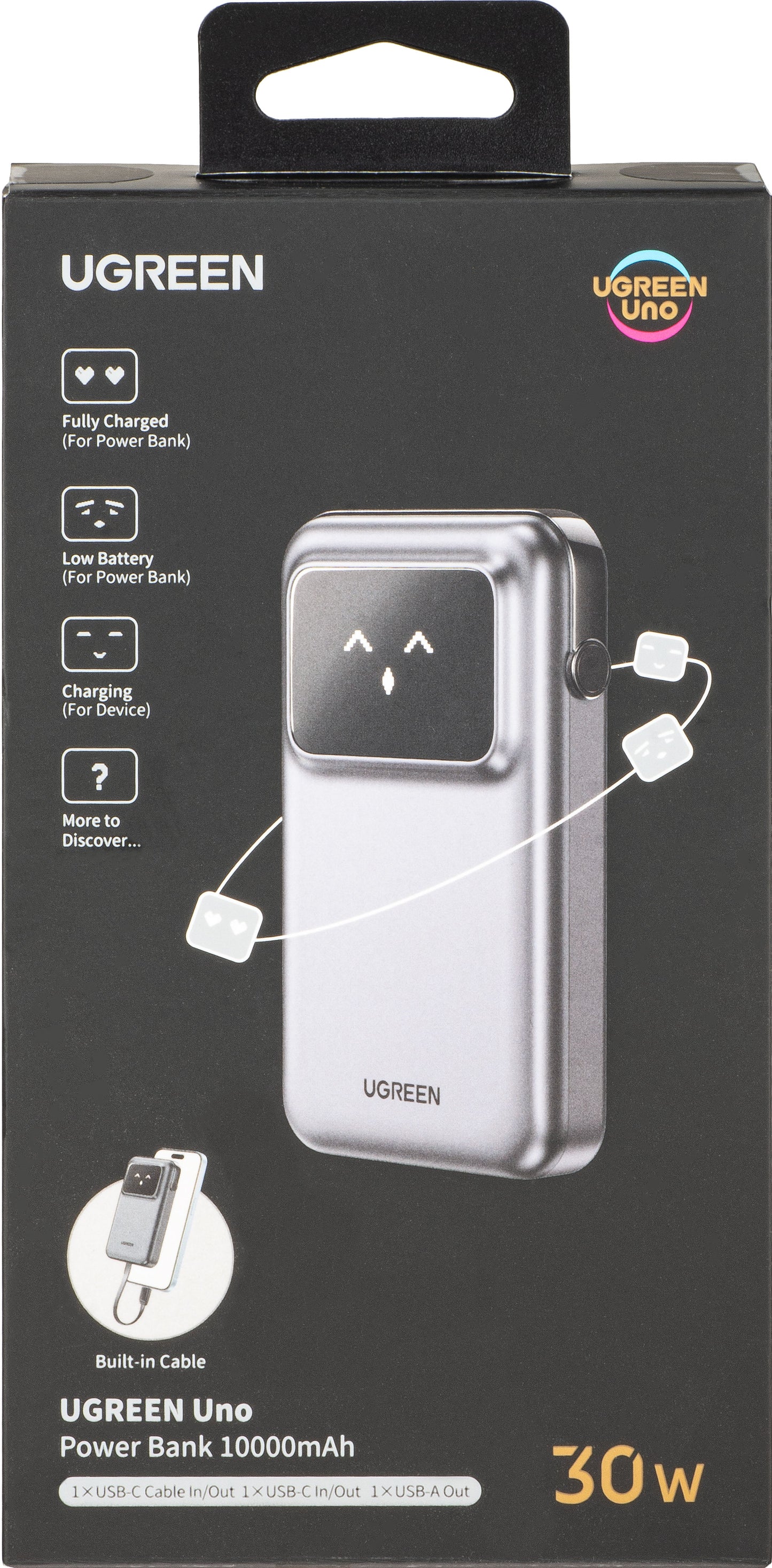 Externí baterie UGREEN PB511 Uno, 10000mAh, 30W, QC + PD, 1 x USB-A - 2 x USB-C, šedá