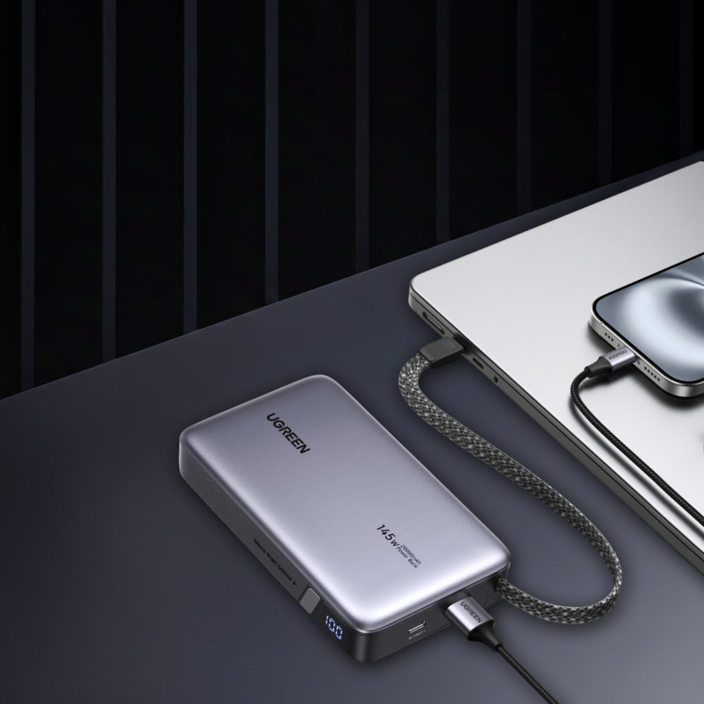 Externí baterie UGREEN PB551 (55992), 20000mAh, 145W, QC + PD, 1 x USB-A - 2 x USB-C, šedá