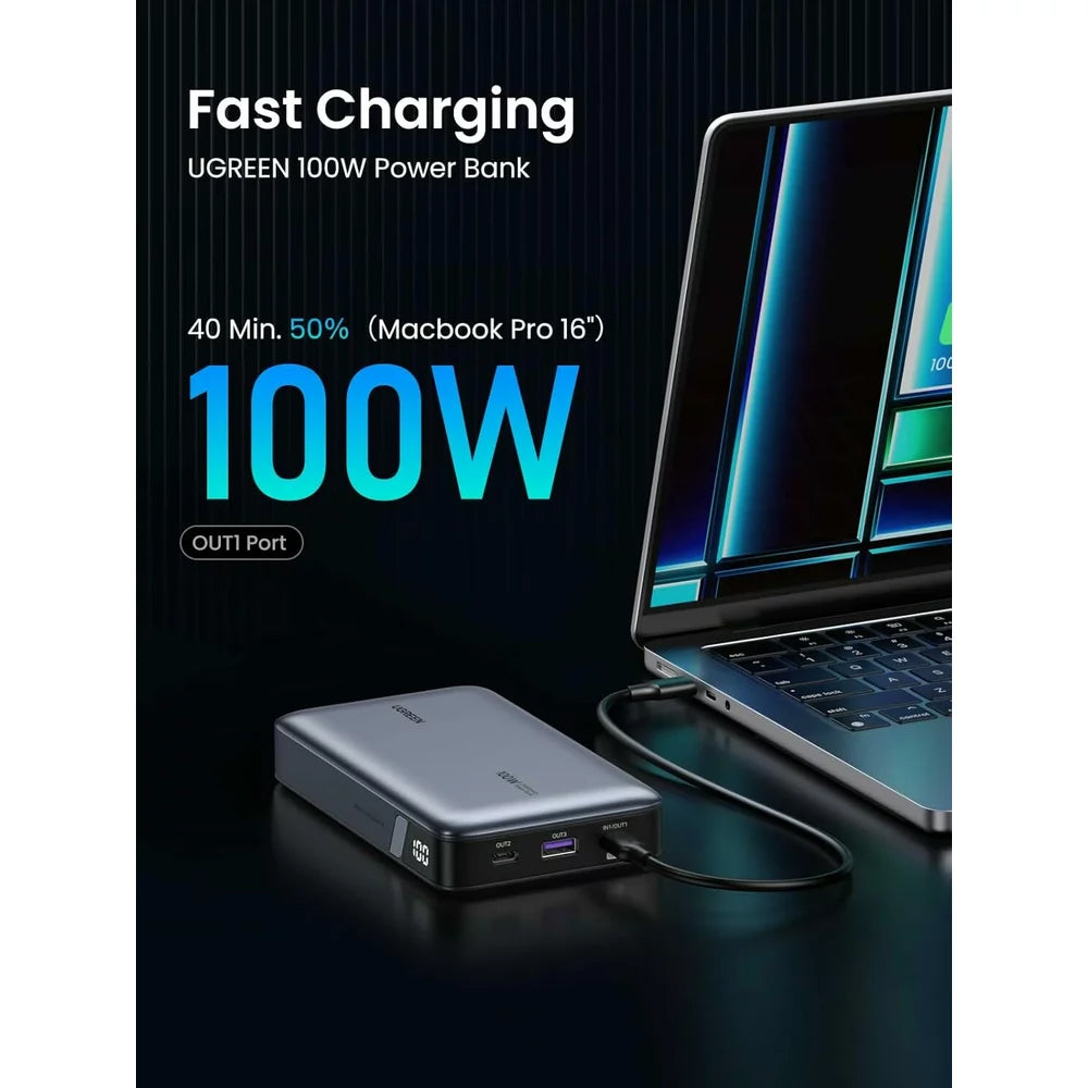 Externí baterie UGREEN PB720 Nexode, 20000mAh, 100W, QC + PD, 1 x USB-A - 2 x USB-C, Šedá, Přepečetěná