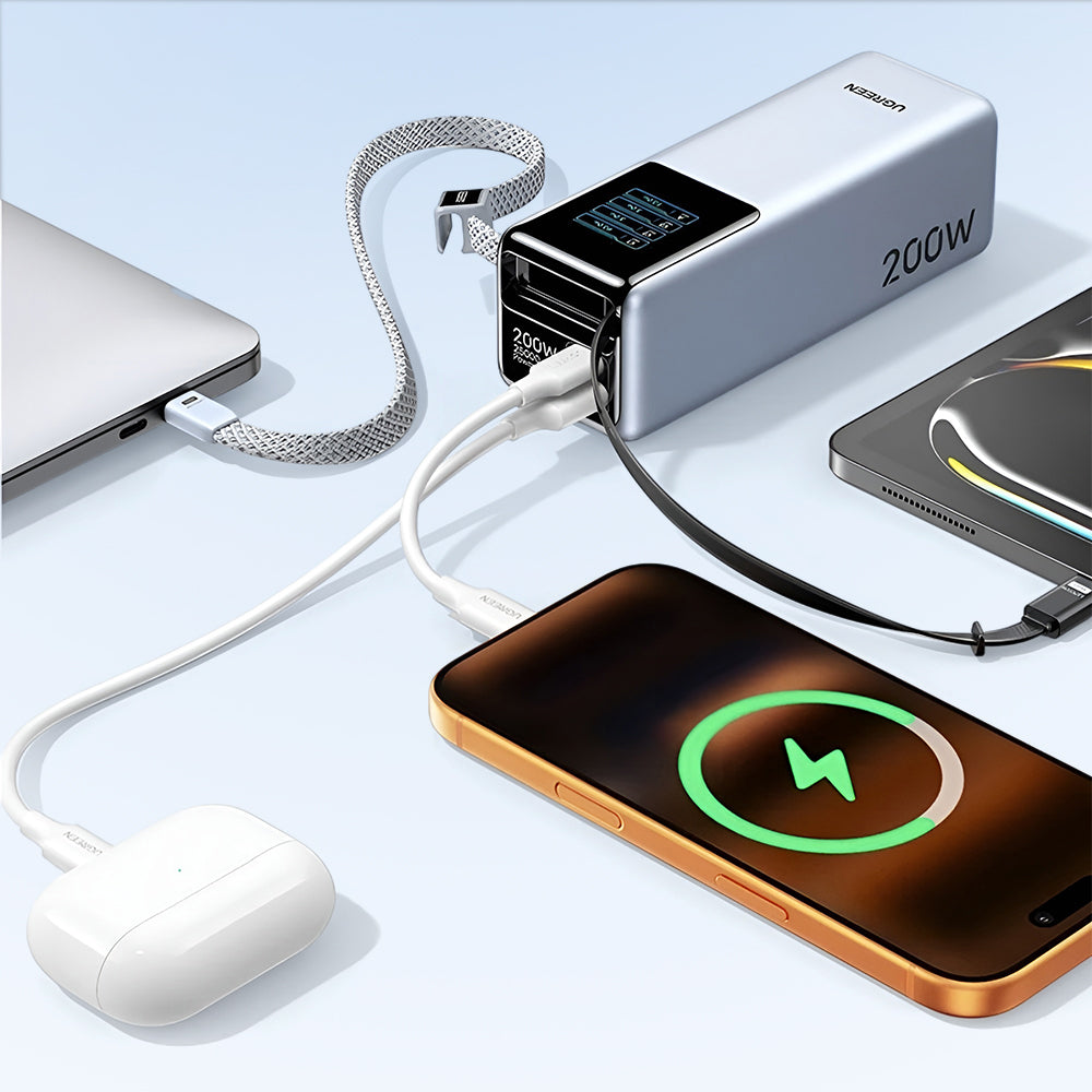 Externí baterie UGREEN PB728 (75702B), 25000mAh, 200W, QC + PD, 1 x USB-A - 3 x USB-C, Šedá